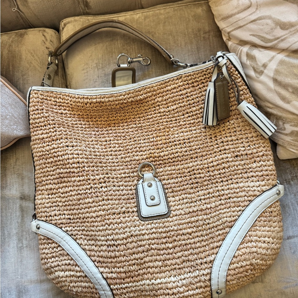 Coach Woven Straw Hobo Bag White Leather Trim Summer Tote with Scarf & Tassels - Picture 5 of 7